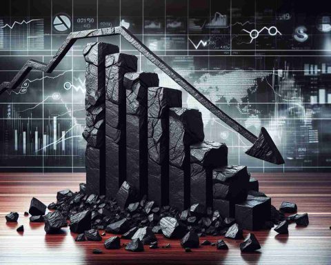 A striking, high-definition image representing the unexpected twist of events for a major coal industry company in India. It's a dramatic conceptual image, showing a bar graph with falling lines depicting a market drop. The graph is carved from chunks of real coal on a polished mahogany table, representing the coal industry. The background is filled with abstract symbols and elements of financial markets and uncertainties.