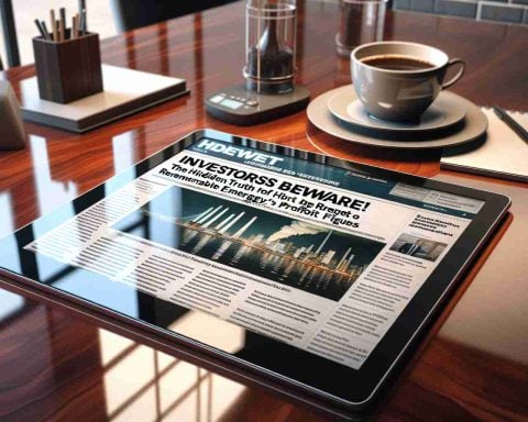 A photo-realistic representation of a headline titled 'Investors Beware! The Hidden Truth About HD Renewable Energy’s Profit Figures', situated on a business news article, on a background of a commercial office setting. The article is displayed on a sleek, modern tablet screen. The surrounding environment gives an indication of a serious business atmosphere, complete with items such as a cup of brewed coffee, a notepad and a pen. The tablet is placed on a glossy mahagony table surface reflecting the scene.