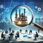 Create a picture that symbolizes the next big venture of an enterprise in the energy sector. In this image, have a large, attention-grabbing magnifying glass hovering over blueprints, stocks and graphs, indicating a thorough analysis being done. Also incorporate the excitement and anticipation of investors watching closely. Do this in a realistic and high-definition style.