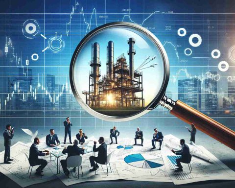 Create a picture that symbolizes the next big venture of an enterprise in the energy sector. In this image, have a large, attention-grabbing magnifying glass hovering over blueprints, stocks and graphs, indicating a thorough analysis being done. Also incorporate the excitement and anticipation of investors watching closely. Do this in a realistic and high-definition style.