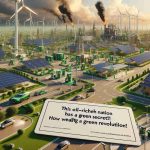 High definition, realistic depiction of an affluent, oil-rich country undergoing a green revolution. The scene features numerous sustainable energy infrastructure like solar panels, wind turbines, and electric car charging stations, permeating cityscapes and rural areas alike. Plus, card laying in the foreground stating 'This Oil-Rich Nation has a Green Secret! How Wealth is Fueling a Green Revolution'