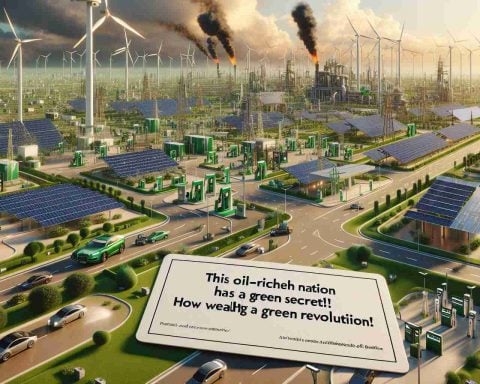 High definition, realistic depiction of an affluent, oil-rich country undergoing a green revolution. The scene features numerous sustainable energy infrastructure like solar panels, wind turbines, and electric car charging stations, permeating cityscapes and rural areas alike. Plus, card laying in the foreground stating 'This Oil-Rich Nation has a Green Secret! How Wealth is Fueling a Green Revolution'