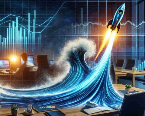 Generate a realistic high-definition image portraying the concept of a 'stock surge'. It should be a metaphorical representation of a strong market trend that cannot be ignored. This can appear as a giant wave or a rocket soaring upwards, symbolizing the surge in the stock market. The background should be a business setting with charts and graphs indicating impressive growth.