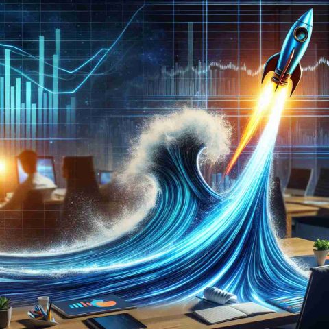 Generate a realistic high-definition image portraying the concept of a 'stock surge'. It should be a metaphorical representation of a strong market trend that cannot be ignored. This can appear as a giant wave or a rocket soaring upwards, symbolizing the surge in the stock market. The background should be a business setting with charts and graphs indicating impressive growth.