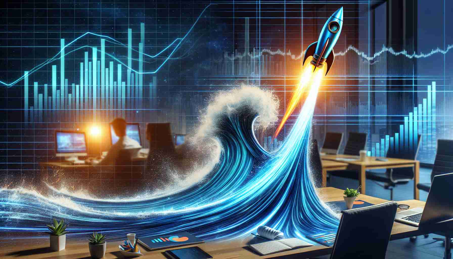 Generate a realistic high-definition image portraying the concept of a 'stock surge'. It should be a metaphorical representation of a strong market trend that cannot be ignored. This can appear as a giant wave or a rocket soaring upwards, symbolizing the surge in the stock market. The background should be a business setting with charts and graphs indicating impressive growth.