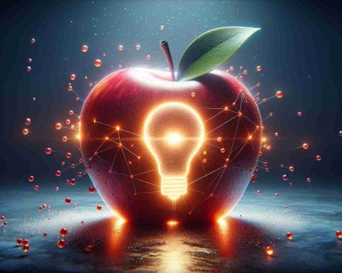 A high-definition, realistic visual interpretation of a major shift in innovation emanating from a leading technology company, depicted as an apple. This new breakthrough is represented by a symbolic object embedded in the apple that suggests a game-changing impact on the world.