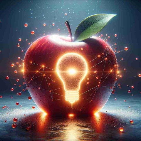 A high-definition, realistic visual interpretation of a major shift in innovation emanating from a leading technology company, depicted as an apple. This new breakthrough is represented by a symbolic object embedded in the apple that suggests a game-changing impact on the world.