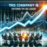 Generate a realistic high-definition image representing the concept of startup stocks soaring, symbolizing a specific company entering the major league of the corporate world. The image should depict a dramatic upwards graph or chart indicating a sudden increase in stock value and overlaid text stating 'This Company is Entering the Big League'. A modern boardroom with a diverse team of businesspeople (men and women of different descents) could be appreciating the success.