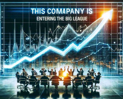 Generate a realistic high-definition image representing the concept of startup stocks soaring, symbolizing a specific company entering the major league of the corporate world. The image should depict a dramatic upwards graph or chart indicating a sudden increase in stock value and overlaid text stating 'This Company is Entering the Big League'. A modern boardroom with a diverse team of businesspeople (men and women of different descents) could be appreciating the success.