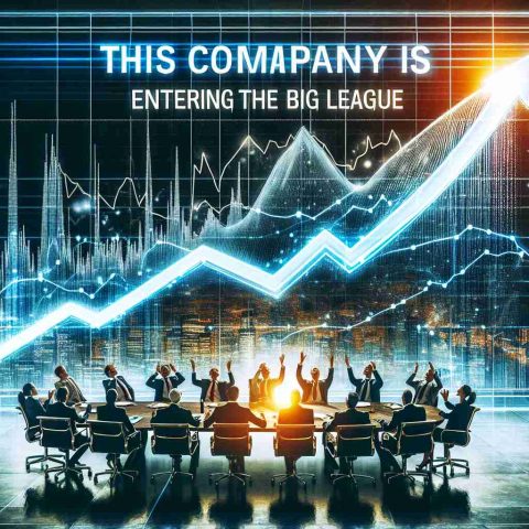 Generate a realistic high-definition image representing the concept of startup stocks soaring, symbolizing a specific company entering the major league of the corporate world. The image should depict a dramatic upwards graph or chart indicating a sudden increase in stock value and overlaid text stating 'This Company is Entering the Big League'. A modern boardroom with a diverse team of businesspeople (men and women of different descents) could be appreciating the success.