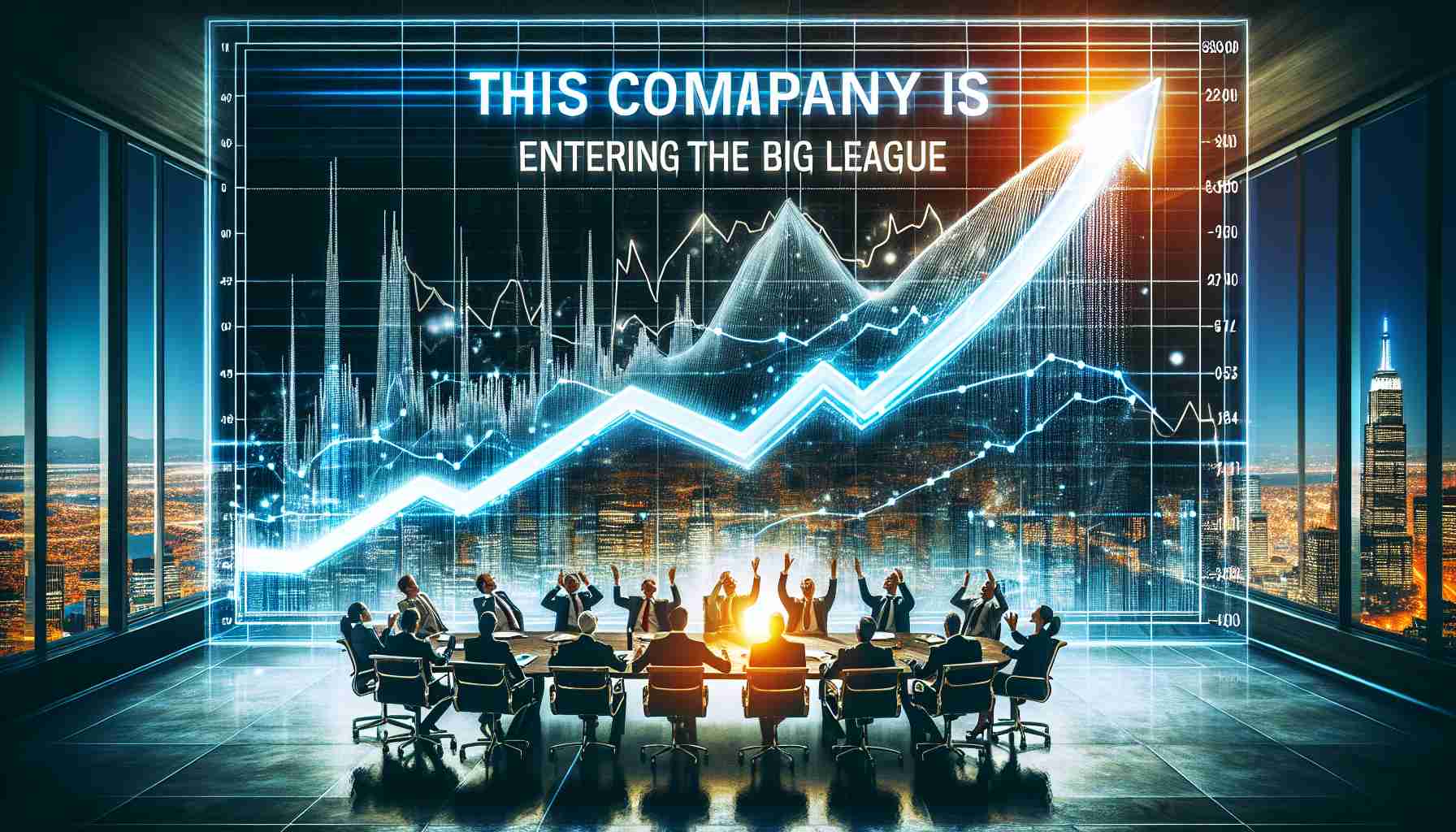 Generate a realistic high-definition image representing the concept of startup stocks soaring, symbolizing a specific company entering the major league of the corporate world. The image should depict a dramatic upwards graph or chart indicating a sudden increase in stock value and overlaid text stating 'This Company is Entering the Big League'. A modern boardroom with a diverse team of businesspeople (men and women of different descents) could be appreciating the success.