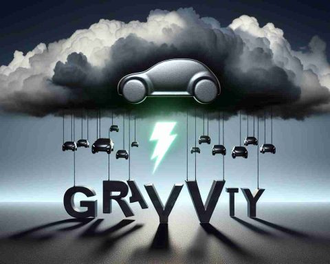 An image that depicts the concept of a stock defying gravity. In the center, there is a stylized logo of a popular electric car company (not a real one) floating steadily upwards despite the ominous clouds gathering. The word 'Gravity' is illustrated with heavy-looking metallic lettering, weighing down at the bottom but unable to pull the floating logo down. On the right side, the silhouette of an emerging potential threat, such as another rival car company's logo or an economic downturn chart, is subtly hinted.