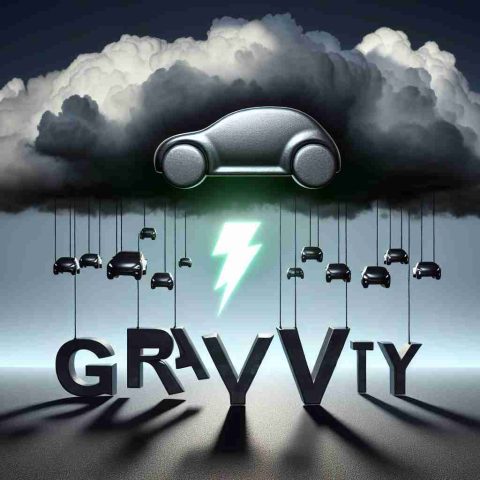 An image that depicts the concept of a stock defying gravity. In the center, there is a stylized logo of a popular electric car company (not a real one) floating steadily upwards despite the ominous clouds gathering. The word 'Gravity' is illustrated with heavy-looking metallic lettering, weighing down at the bottom but unable to pull the floating logo down. On the right side, the silhouette of an emerging potential threat, such as another rival car company's logo or an economic downturn chart, is subtly hinted.