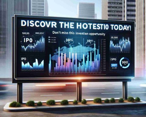 Create a realistic, high-definition visual representation of the concept 'Discover the Hottest IPO Today! Don't Miss This Investment Opportunity.' This might include a compelling billboard or advertisement design with large, eye-catching text announcing the opportunity, graphs portraying positive market trends associated with the IPO, and imagery related to financial growth and investment.