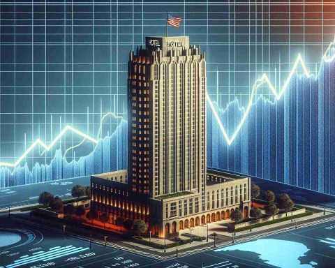 A high-definition photorealistic image illustrating the concept of stock shares soaring. Include a symbolic representation of a generic hotel giant, such as a towering, impressive skyscraper with a flag waving at the top to represent new highs. All of this against a backdrop of a rising graph showing the upward trend. Please exclude specific names or recognizable logos.