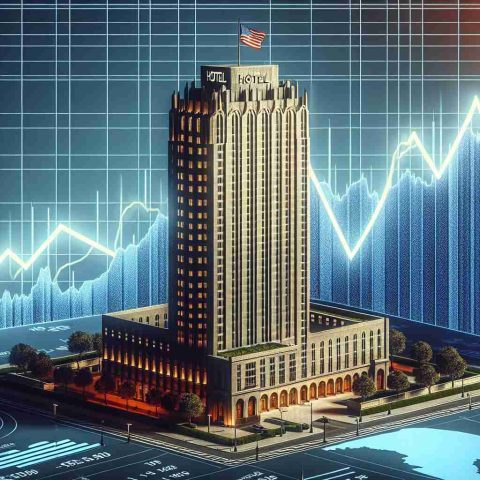 A high-definition photorealistic image illustrating the concept of stock shares soaring. Include a symbolic representation of a generic hotel giant, such as a towering, impressive skyscraper with a flag waving at the top to represent new highs. All of this against a backdrop of a rising graph showing the upward trend. Please exclude specific names or recognizable logos.