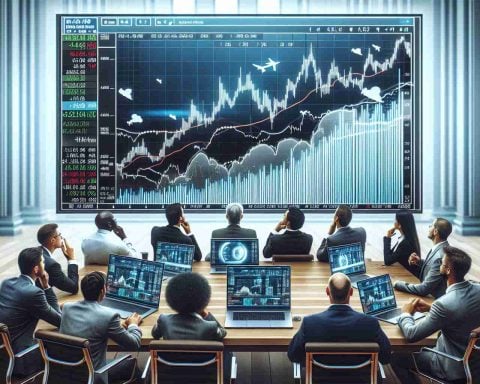 Create a realistic High Definition digital image of a modern business scene. It features a large stock market screen displaying a skyrocketing graph of a computer hardware company. Market analysts, clearly captivated, are closely watching the trends, discussing the sudden and unexpected changes. Please include laptops with statistical data, stock market charts and graphs on whiteboards in the background. Also include multiple diverse analysts, both men and women, of various descents such as African, Caucasian, Asian and Hispanic.