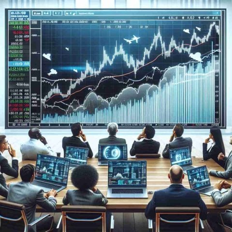 Create a realistic High Definition digital image of a modern business scene. It features a large stock market screen displaying a skyrocketing graph of a computer hardware company. Market analysts, clearly captivated, are closely watching the trends, discussing the sudden and unexpected changes. Please include laptops with statistical data, stock market charts and graphs on whiteboards in the background. Also include multiple diverse analysts, both men and women, of various descents such as African, Caucasian, Asian and Hispanic.