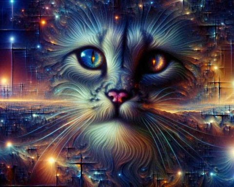 Generate a high-definition, realistic image of hypothetical quantum cats. Imagine these feline creatures with distinctive features representing quantum principles, perhaps with fur patterns hinting at the uncertainty principle or eyes glowing with quantum entanglement. Depict an environment around these quantum cats that signifies the surreal and unbelievable scientific breakthrough of quantum physics.