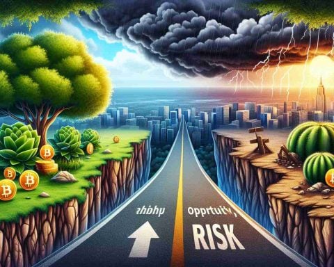 Depict a high-definition realistic image symbolizing the debate on cryptocurrency boom: opportunity or risk ahead? Perhaps show a fork in a road, one path leading to a vibrant city representing opportunity, whilst the other leading to a risky crumbling cliff edge. Thriving trees might embody the opportunity, with stormy clouds signifying the risk.