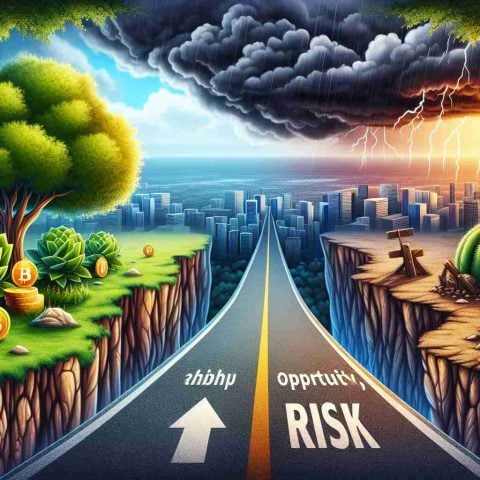 Depict a high-definition realistic image symbolizing the debate on cryptocurrency boom: opportunity or risk ahead? Perhaps show a fork in a road, one path leading to a vibrant city representing opportunity, whilst the other leading to a risky crumbling cliff edge. Thriving trees might embody the opportunity, with stormy clouds signifying the risk.