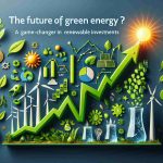 An HD image that convincingly illustrates Dominion Energy as a leader in green energy and a game-changer in renewable investments. It may include a stylized stock chart showcasing an upward trajectory along with icons or symbols associated with renewable energy sources like wind turbines, sun, water, and leaves. The title 'The Future of Green Energy? A Game-Changer in Renewable Investments' should be prominently featured.