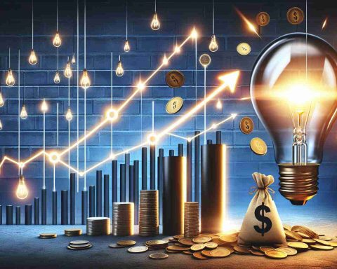 Create a realistic HD image that represents the concept of a large energy company surprising its stakeholders with unexpectedly high earnings and revealing future business plans. Capture the sentiment of surprise and optimism, with symbols that represent corporate success, such as ascending line graphs, stacks of coins, and a shining light bulb as a metaphor for bright future strategies. Try to create depth in the image to enhance the feeling of high-definition.