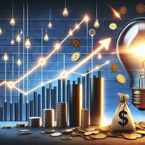 Create a realistic HD image that represents the concept of a large energy company surprising its stakeholders with unexpectedly high earnings and revealing future business plans. Capture the sentiment of surprise and optimism, with symbols that represent corporate success, such as ascending line graphs, stacks of coins, and a shining light bulb as a metaphor for bright future strategies. Try to create depth in the image to enhance the feeling of high-definition.