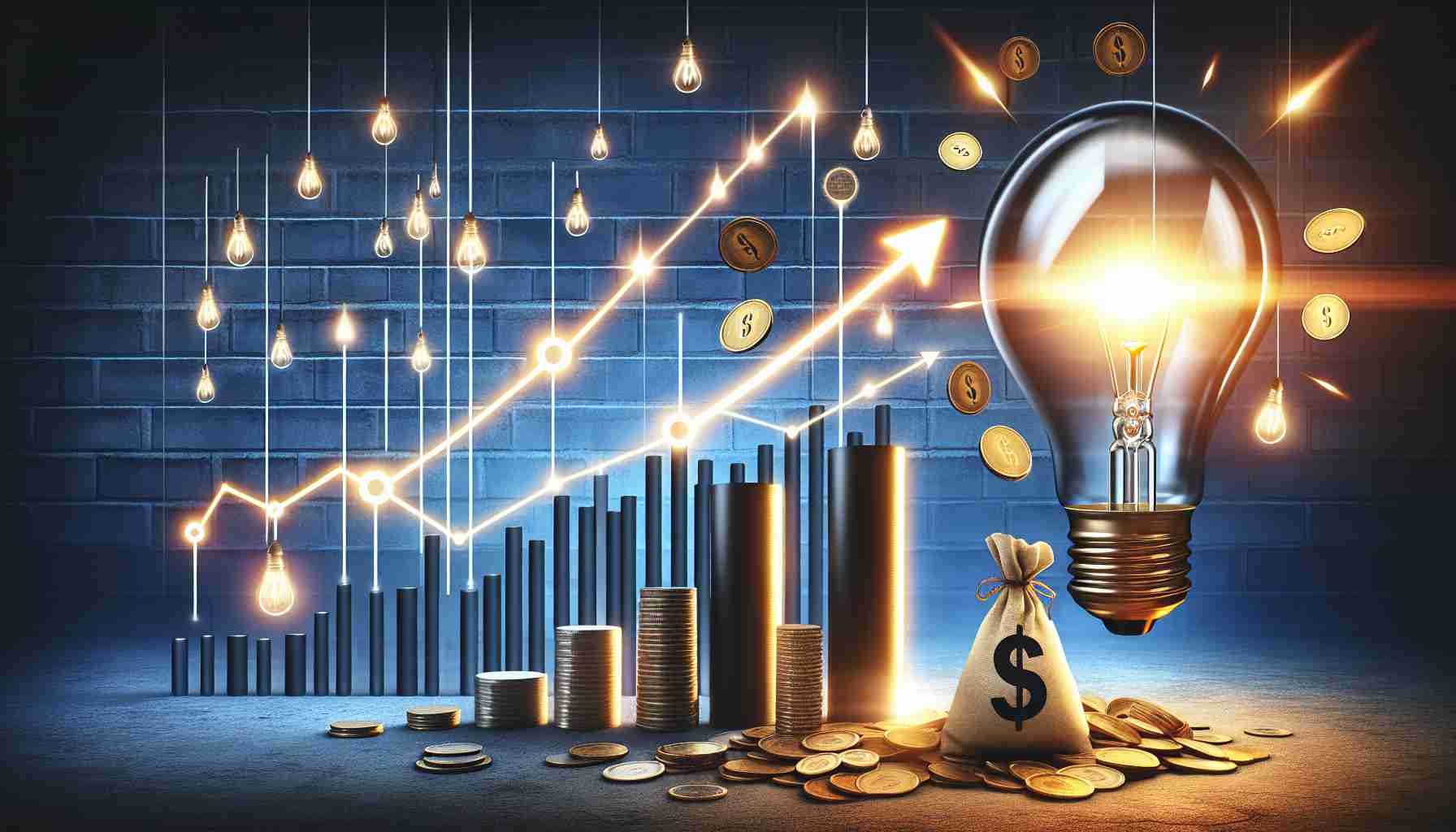 Create a realistic HD image that represents the concept of a large energy company surprising its stakeholders with unexpectedly high earnings and revealing future business plans. Capture the sentiment of surprise and optimism, with symbols that represent corporate success, such as ascending line graphs, stacks of coins, and a shining light bulb as a metaphor for bright future strategies. Try to create depth in the image to enhance the feeling of high-definition.