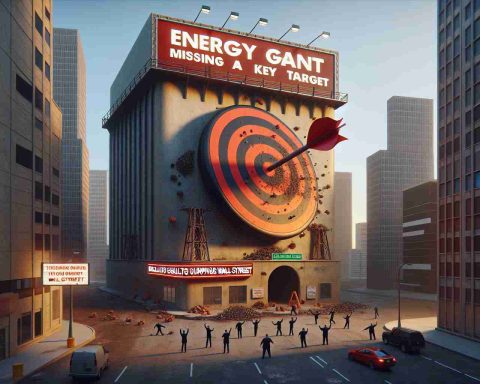 A realistic high definition image representing a metaphorical scene of 'Energy Giant missing a key target'. This energy giant is visualized as an imposing corporate physical entity, perhaps a large structure such as an oil refinery or a wind farm. The 'key target' is imagined as a literal target perhaps hanging in the air. The scene suggests disappointment and missed opportunities. On the side, there's a billboard with headlines that read 'Results Surprise Wall Street', indicating a reaction from the financial sector. This does not represent any real events or companies.