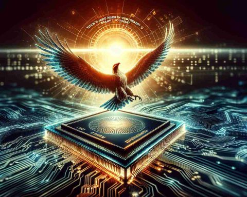 Realistic HD quality image of a visual representation symbolizing a chipmaker's comeback. The image could include elements like a soaring eagle or a rising sun to symbolize the ascent, overlaid on a stylized background that represents cutting-edge technology, perhaps filled with circuit board graphics and binary code. An inspiring graphic that personifies the phrase 'Tech's Hidden Gem Ready to Soar?'