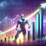 Generate a high-definition, realistic visual metaphor of an abstract concept represented as a literal energy giant. Set this titan against a backdrop of a bar graph that's sky-high, symbolizing outstanding returns. The giant's posture and expression should reflect ambition, triumph and disbelief. Please note this requires the visualization of abstract business concepts.