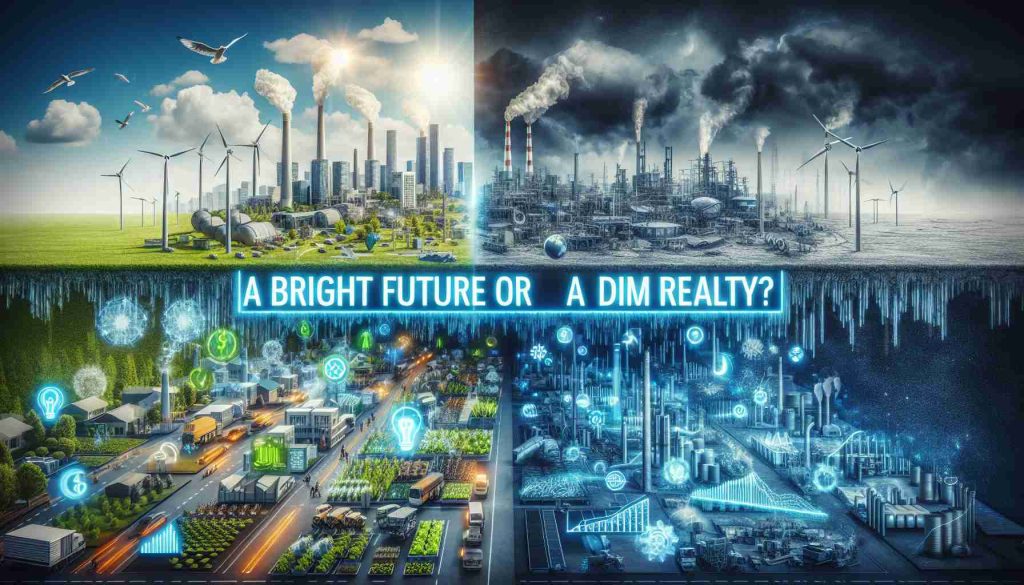 A visually rich HD image that depicts the dual concept of bright future and dim reality. On one half, showcase the ideal setting of a power and energy sector showing booming industries, thriving economics, clean environment, and efficient use of resources. On the other half, display the darker side with signs of economic crisis, environmental concerns like pollution and inefficiency in resource management. Insert the phrase 'A Bright Future or a Dim Reality?' prominently displayed in the center.