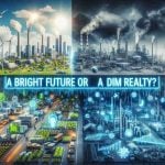 A visually rich HD image that depicts the dual concept of bright future and dim reality. On one half, showcase the ideal setting of a power and energy sector showing booming industries, thriving economics, clean environment, and efficient use of resources. On the other half, display the darker side with signs of economic crisis, environmental concerns like pollution and inefficiency in resource management. Insert the phrase 'A Bright Future or a Dim Reality?' prominently displayed in the center.