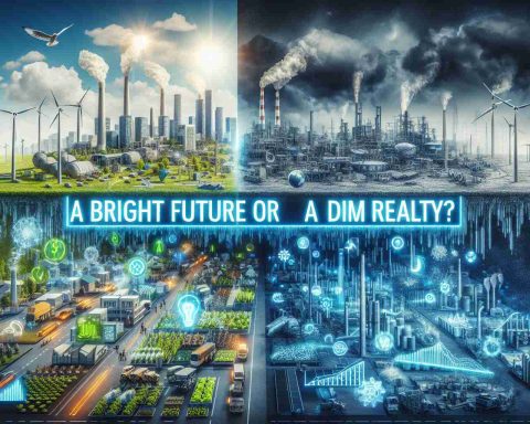 A visually rich HD image that depicts the dual concept of bright future and dim reality. On one half, showcase the ideal setting of a power and energy sector showing booming industries, thriving economics, clean environment, and efficient use of resources. On the other half, display the darker side with signs of economic crisis, environmental concerns like pollution and inefficiency in resource management. Insert the phrase 'A Bright Future or a Dim Reality?' prominently displayed in the center.