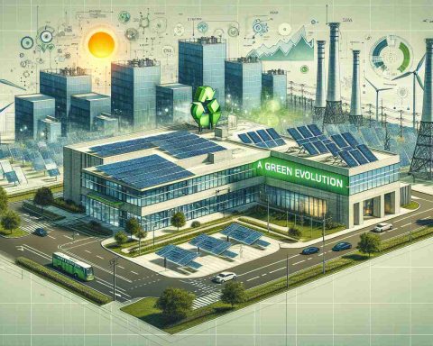 Generate an illustrative image of Devon Energy, but focusing on its transition towards greener energy alternatives. Picture a titled picture with 'A Green Evolution' under an HD view of a modern-day building equipped with renewable energy solutions such as solar panels and wind turbines. Also, create a part of the image featuring graphics and charts that might detail potential investment analysis and trends.