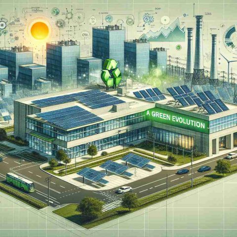 Generate an illustrative image of Devon Energy, but focusing on its transition towards greener energy alternatives. Picture a titled picture with 'A Green Evolution' under an HD view of a modern-day building equipped with renewable energy solutions such as solar panels and wind turbines. Also, create a part of the image featuring graphics and charts that might detail potential investment analysis and trends.