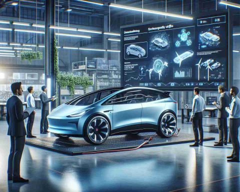 A high-definition, realistic image showcasing a groundbreaking technology in the electric vehicle industry. The scene includes a state-of-the-art electric car parked in a research facility with engineers of diverse descents and genders examining it. Display screens around them highlight diagrams and data on this game-changing technology promising substantial shifts in the industry.