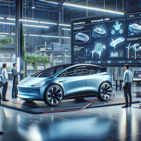 A high-definition, realistic image showcasing a groundbreaking technology in the electric vehicle industry. The scene includes a state-of-the-art electric car parked in a research facility with engineers of diverse descents and genders examining it. Display screens around them highlight diagrams and data on this game-changing technology promising substantial shifts in the industry.