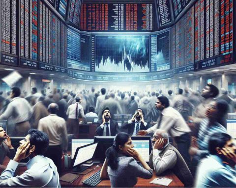 Generate a realistic, high-definition image representing a chaotic scene at the stock market. This scene should convey a sense of turbulence and uncertainty, with screens displaying rapidly changing figures, and traders - including a mixed group of South Asian, Caucasian, and Hispanic women and men - looking anxious and busy as they try to make sense of the sudden turbulence in the Indian indices.