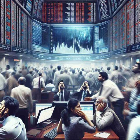 Generate a realistic, high-definition image representing a chaotic scene at the stock market. This scene should convey a sense of turbulence and uncertainty, with screens displaying rapidly changing figures, and traders - including a mixed group of South Asian, Caucasian, and Hispanic women and men - looking anxious and busy as they try to make sense of the sudden turbulence in the Indian indices.