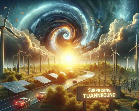 A high-definition, realistic image that represents the concept of a surprising turnaround. Highlight the story of an energy company that managed to defy expectations, embodying resilience and overcoming challenges. The scenery may include typical elements found at an energy production site such as wind turbines or solar panels, while also evoking a thriving and successful atmosphere despite adversity.