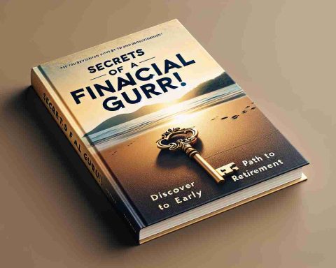 Realistic high-definition image of a book cover for a finance guide. The title, 'Secrets of a Financial Guru! Discover the Path to Early Retirement', is prominently displayed in bold, elegant typography. The cover design suggests an air of sophistication and wisdom, whilst also hinting at the promise of financial freedom. Imagery could include a golden key, symbolizing unlocking the secrets to financial independence, or a serene beach scene, evoking the tranquility of early retirement.