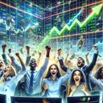 A detailed, high-definition image showcasing the release of a set of new North East stocks making big waves in the financial world. The image captures the excitement and surprise in the air; charts and graphs are climbing sharply, indicating a sudden boom. Monitors light up with gleaming green arrows and positive percentages, confetti flies in the air, and an invisible crowd roars with delight. Front and center, a diverse group of stock traders, consisting of a Caucasian woman, a Black man, a Hispanic man and a South Asian woman is ecstatic amidst the chaos of their thriving market.