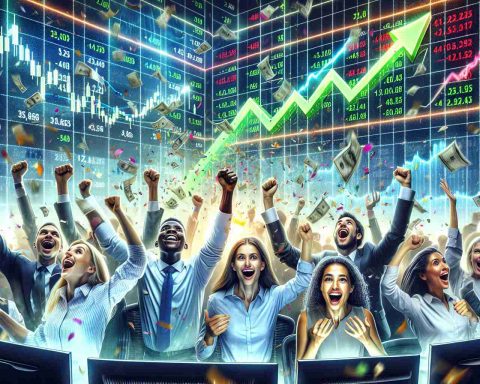 A detailed, high-definition image showcasing the release of a set of new North East stocks making big waves in the financial world. The image captures the excitement and surprise in the air; charts and graphs are climbing sharply, indicating a sudden boom. Monitors light up with gleaming green arrows and positive percentages, confetti flies in the air, and an invisible crowd roars with delight. Front and center, a diverse group of stock traders, consisting of a Caucasian woman, a Black man, a Hispanic man and a South Asian woman is ecstatic amidst the chaos of their thriving market.