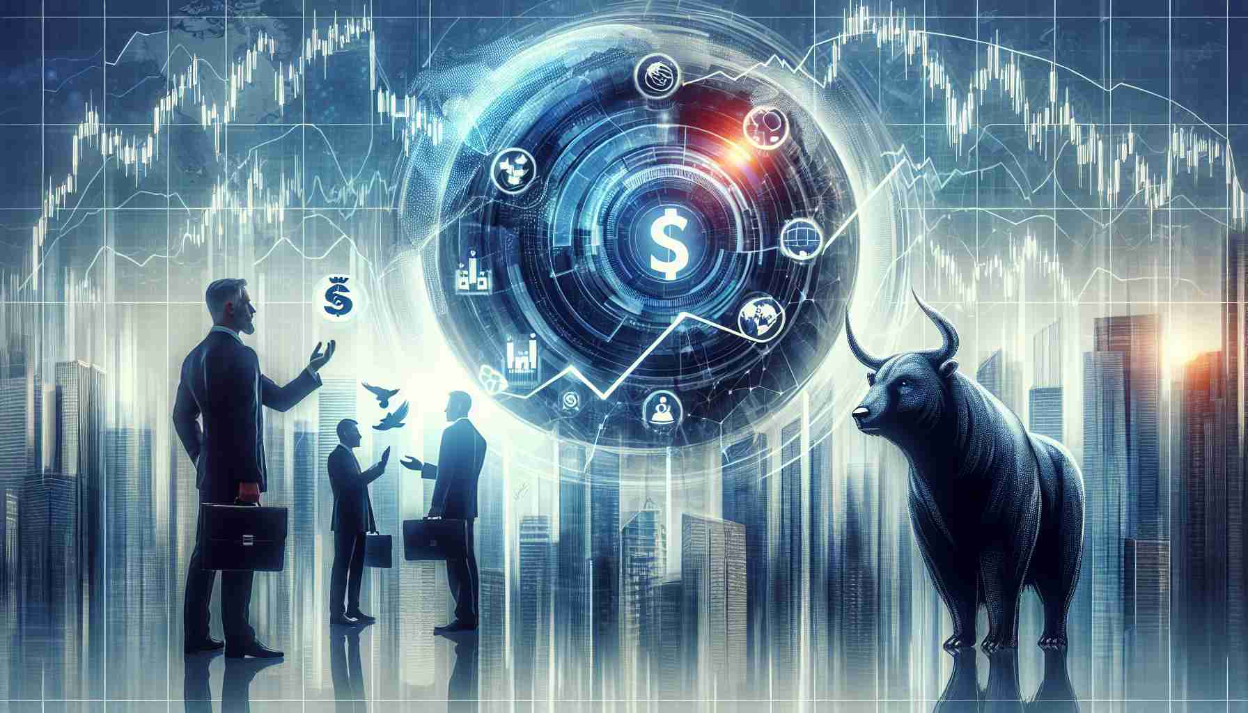 Create an image representing the abstract concept of an upcoming significant shift in the financial sector. Depict involved investors getting ready for potential changes. The image should incorporate symbols of financial markets and investing, such as a bull and bear, stock market graphs, and possibly a stylized logo of a trading app, without specifically referencing any real-world company. Ensure the image is in a high-definition, realistic art style.