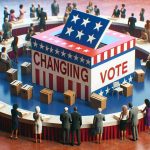 A high-definition, realistic representation of metaphorical changing tables symbolizing immigration policy changes. This may include a diverse range of people, representative of various nationalities, gathered around tables with ballot boxes and election-related paraphernalia. The ambiance should denote optimism and the promise of change.