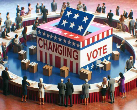 A high-definition, realistic representation of metaphorical changing tables symbolizing immigration policy changes. This may include a diverse range of people, representative of various nationalities, gathered around tables with ballot boxes and election-related paraphernalia. The ambiance should denote optimism and the promise of change.