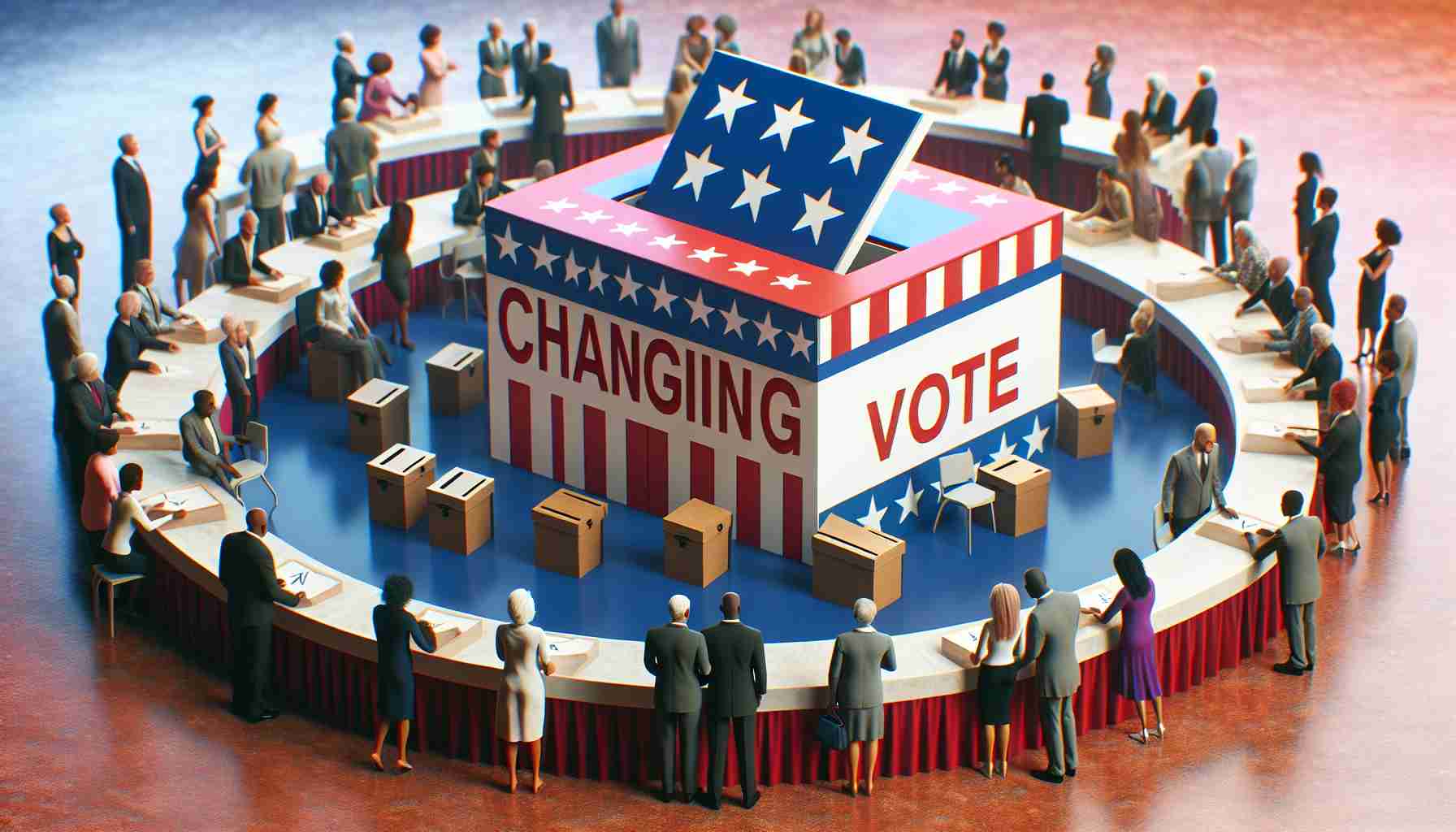 A high-definition, realistic representation of metaphorical changing tables symbolizing immigration policy changes. This may include a diverse range of people, representative of various nationalities, gathered around tables with ballot boxes and election-related paraphernalia. The ambiance should denote optimism and the promise of change.