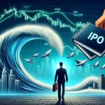 Create a realistic HD image illustrating the concept of hopping onto the IPO wave. Include elements like a sharp wave embodied with stock market figures rising high and a person clinching sleek portfolios representing fresh IPO stocks. Let the overall color scheme represent practicality and solemn business understanding.